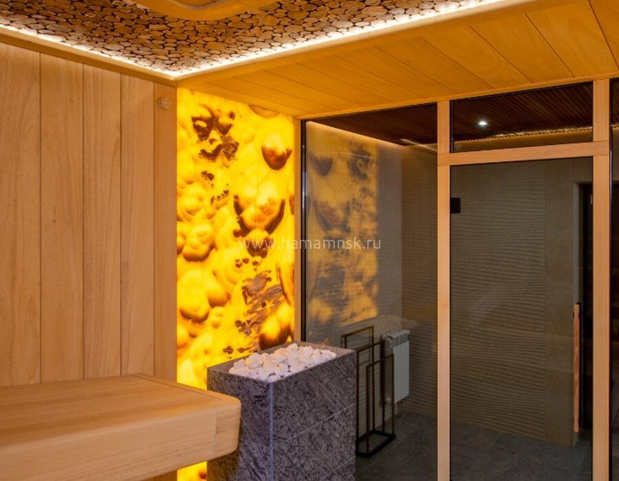 Отделка финской сауны Абашем c ониксом и мощными парящими полками - фото 12